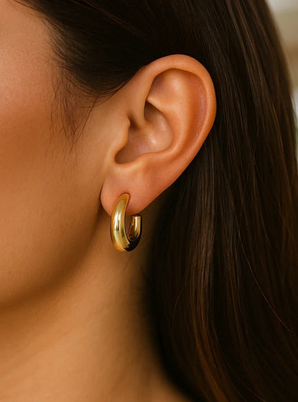 Puffy C Shaped Hoop Earrings in 14K Yellow Gold