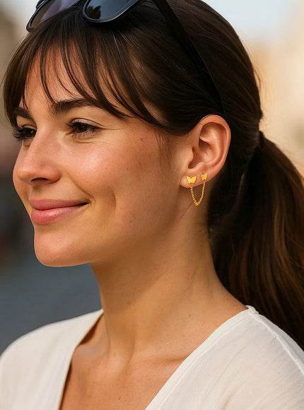 14k Yellow Gold Two Hole Post Earrings with Butterflies