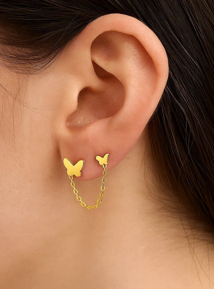 14k Yellow Gold Two Hole Post Earrings with Butterflies