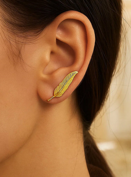 Textured Feather Climber Earrings in 14k Yellow Gold