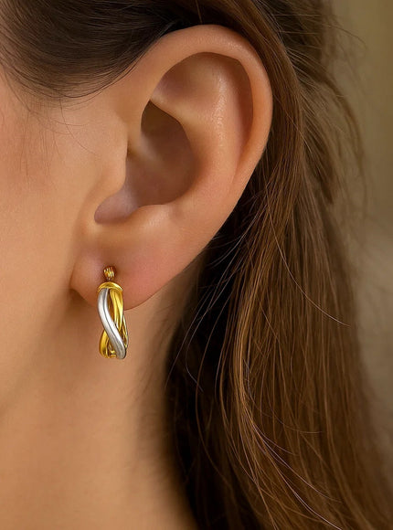 14k Two Tone Gold Oval Twisted Hoop Earrings