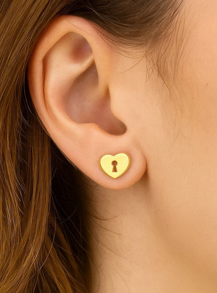 14k Yellow Gold Heart Padlock Stud Earrings