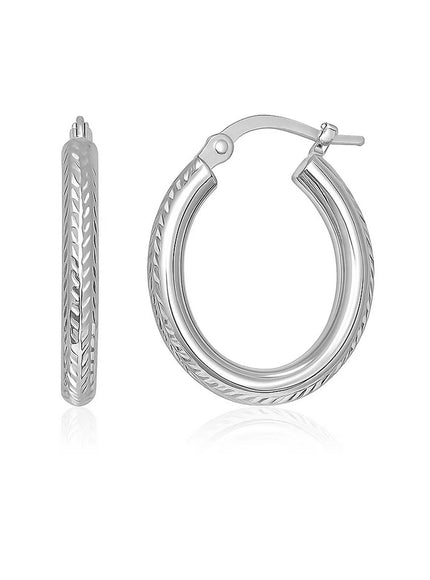14k White Gold Diamond Cut Textured Oval Hoop Earrings.