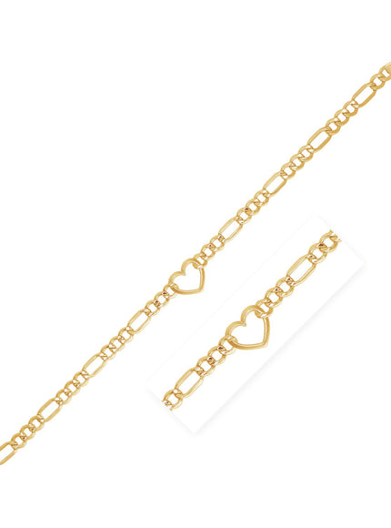 14k Yellow Gold 7 inch Figaro Chain Bracelet with Heart