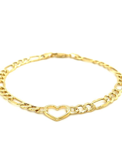 14k Yellow Gold 7 inch Figaro Chain Bracelet with Heart