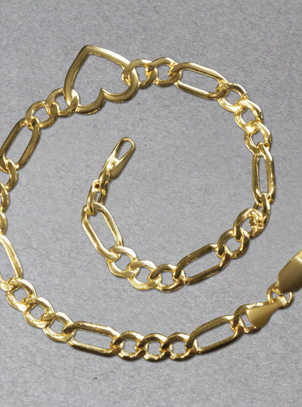 14k Yellow Gold 7 inch Figaro Chain Bracelet with Heart