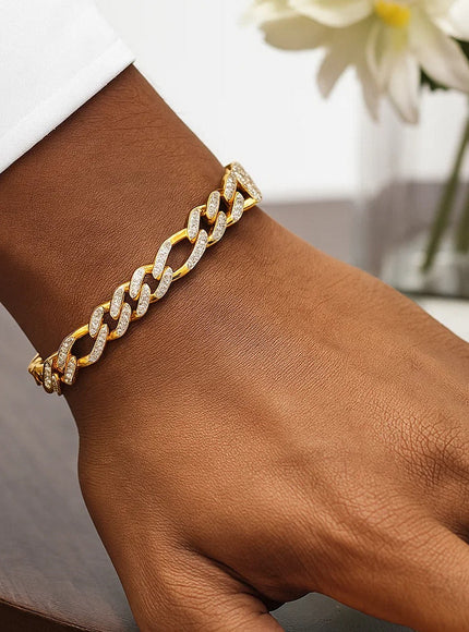 14k Yellow Gold White Pave High Polish Modern Lite Figaro Bracelet (9.5mm)