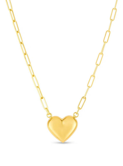 14k Yellow Gold Paperclip Chain Necklace with Puffed Heart