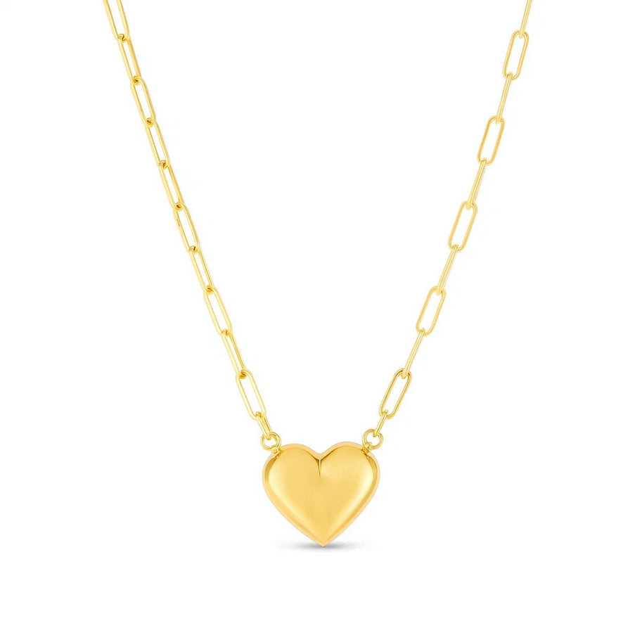 14k Yellow Gold Paperclip Chain Necklace with Puffed Heart