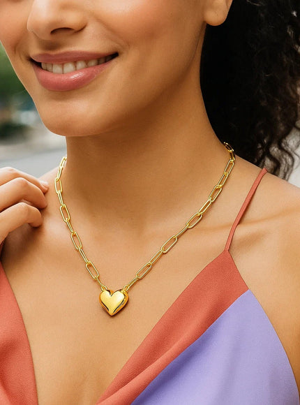 14k Yellow Gold Paperclip Chain Necklace with Puffed Heart