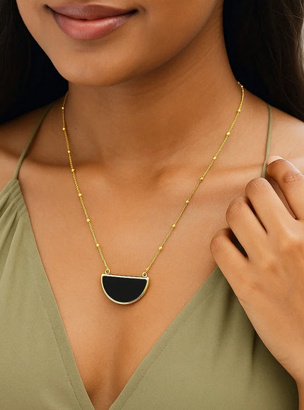 Onyx Geometric Half Moon Necklace in 14K Yellow Gold