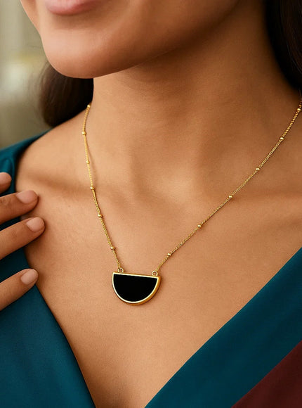 Onyx Geometric Half Moon Necklace in 14K Yellow Gold