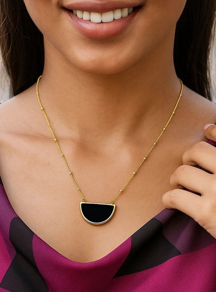 Onyx Geometric Half Moon Necklace in 14K Yellow Gold