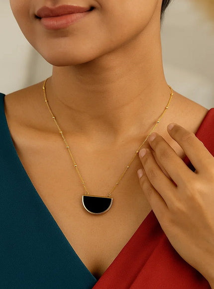 Onyx Geometric Half Moon Necklace in 14K Yellow Gold