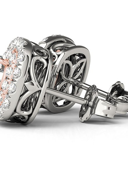 14k White and Rose Gold Cushion Shape Halo Diamond Earrings (3/4 cttw)