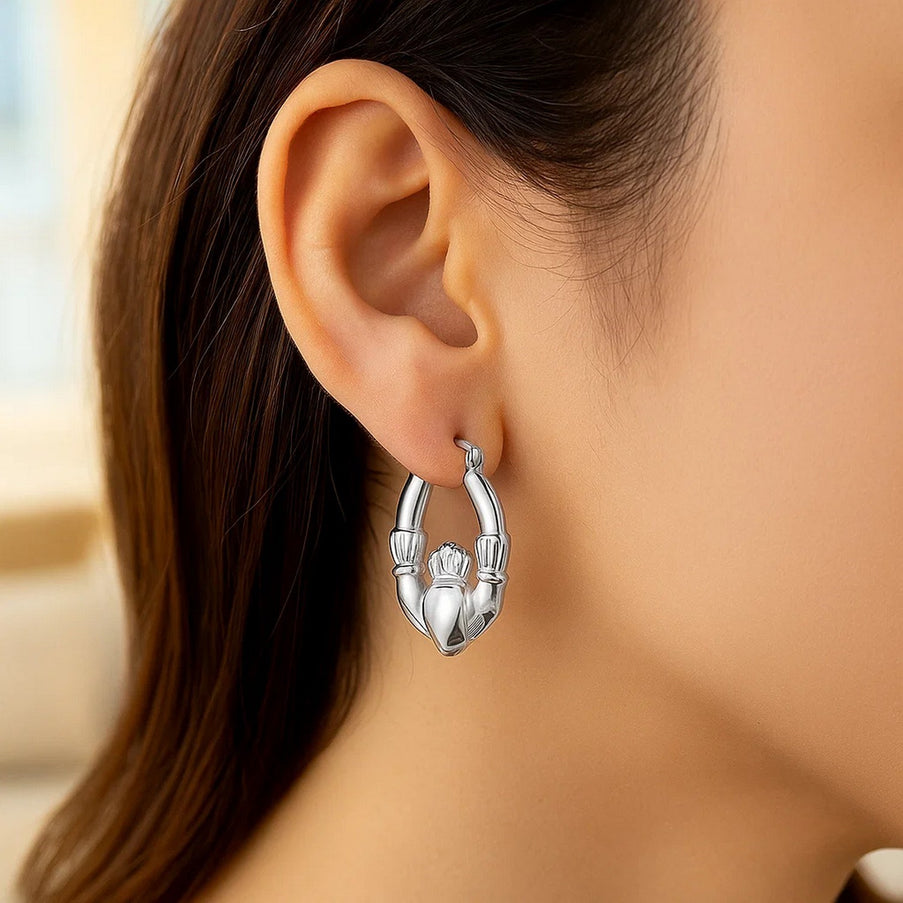 14K White Gold Claddagh Symbol Hoop Earrings