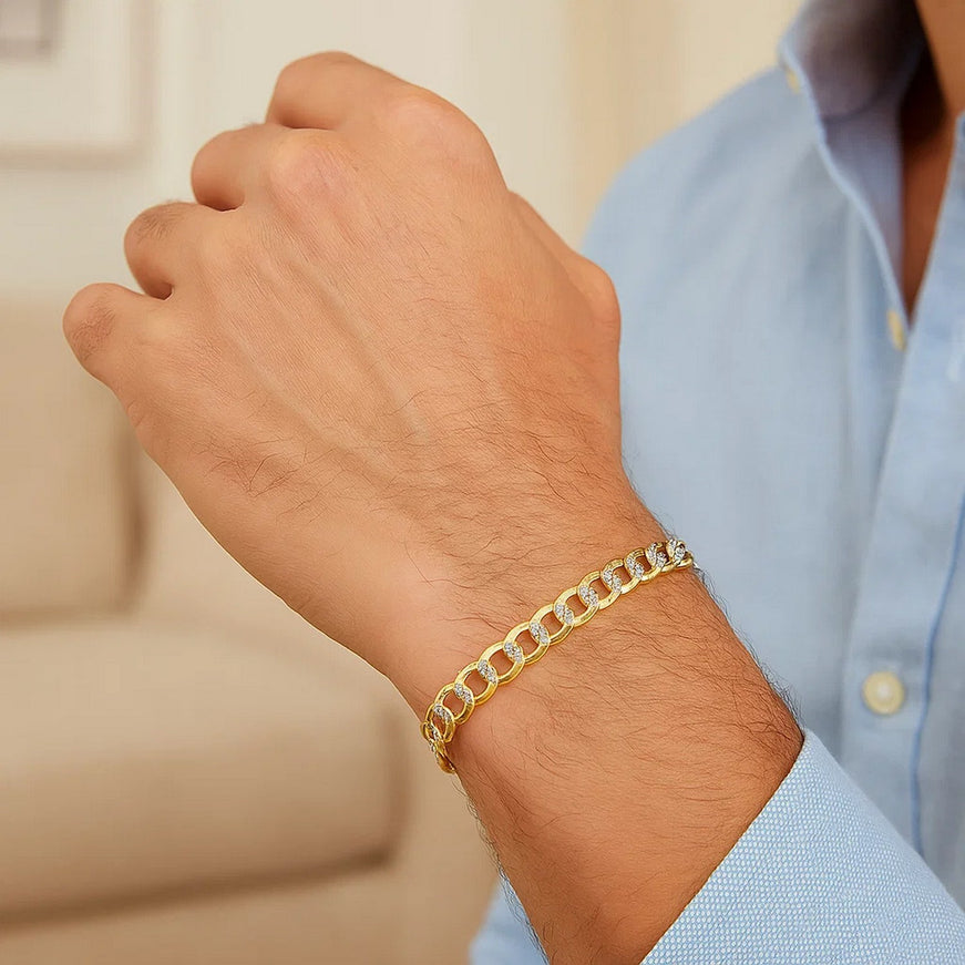 4.7mm 14k Two Tone Gold Pave Curb Bracelet