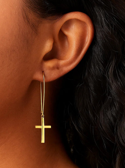 14k Yellow Gold Dangle Cross Earrings