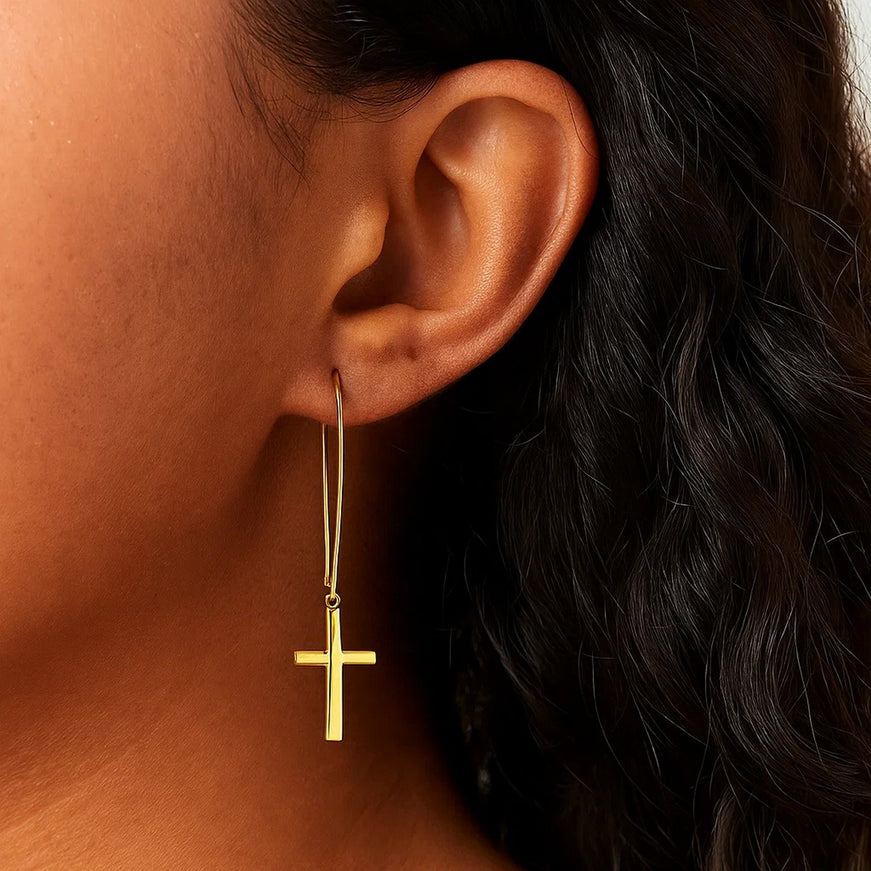 14k Yellow Gold Dangle Cross Earrings