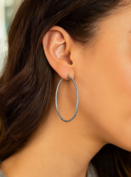 Hoop Earrings with Twist Texture in Sterling Silver(50mm)