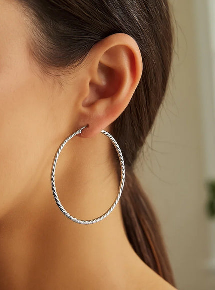 Hoop Earrings with Twist Texture in Sterling Silver(50mm)