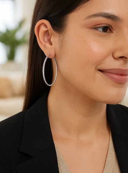 Hoop Earrings with Twist Texture in Sterling Silver(50mm)