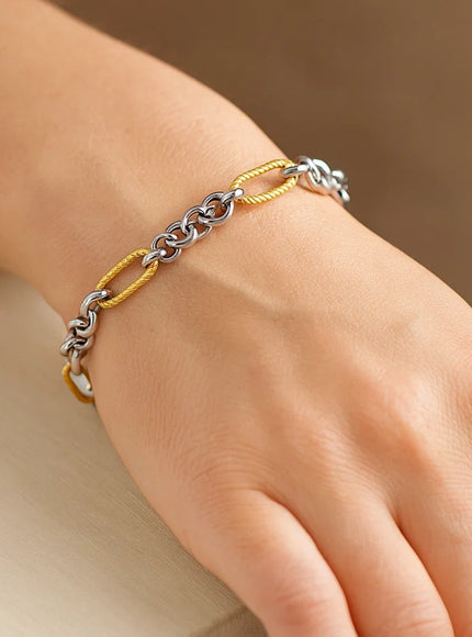 14k Two-Tone Gold Bracelet with Cable Textured Oval and Round Links