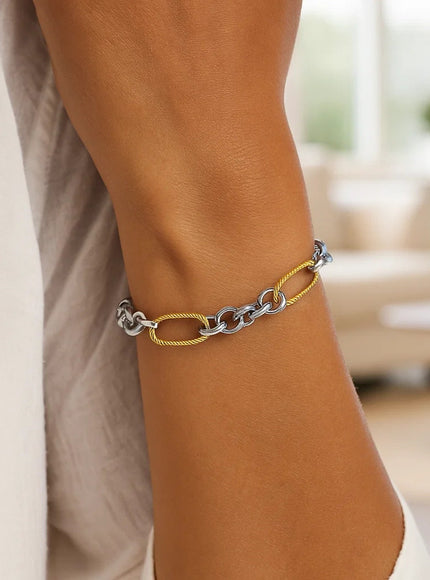 14k Two-Tone Gold Bracelet with Cable Textured Oval and Round Links