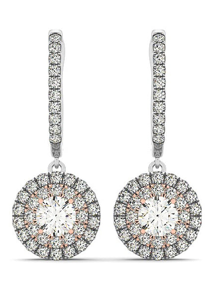 14k White And Rose Gold Drop Diamond Earrings with a Halo Design (3/4 cttw)