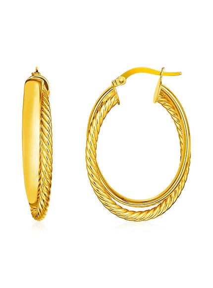 14k Yellow Gold Two Part Textured Twisted Oval Hoop Earrings