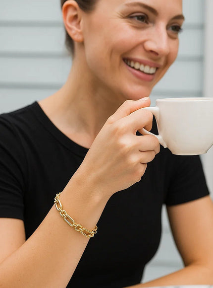 14k Yellow Gold Italian Alternating Paperclip Round Links Bracelet