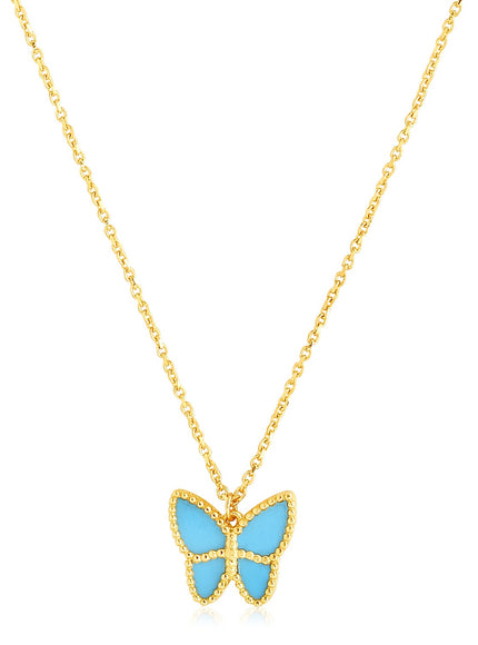 14k Yellow Gold High Polish Butterfly Turquoise Paste Necklace