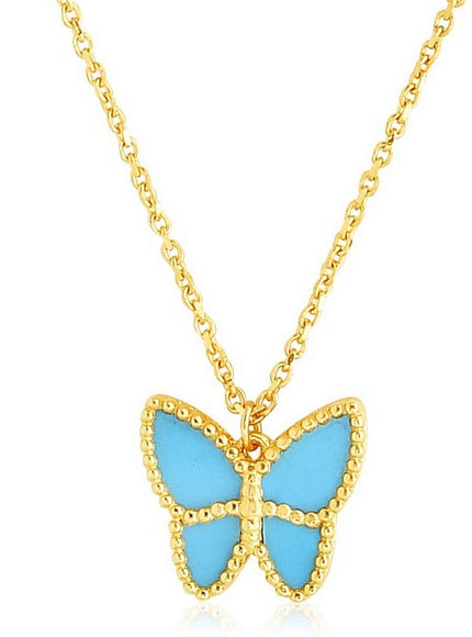 14k Yellow Gold High Polish Butterfly Turquoise Paste Necklace