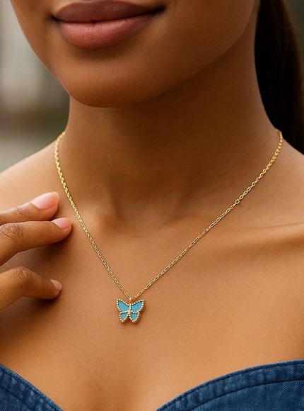 14k Yellow Gold High Polish Butterfly Turquoise Paste Necklace