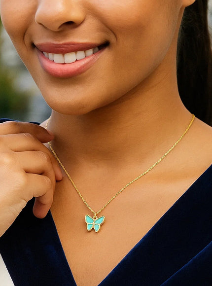 14k Yellow Gold High Polish Butterfly Turquoise Paste Necklace