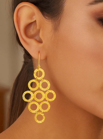 14k Yellow Gold Earrings with Textured Open Circle Motifs