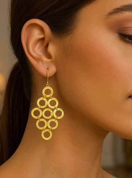 14k Yellow Gold Earrings with Textured Open Circle Motifs