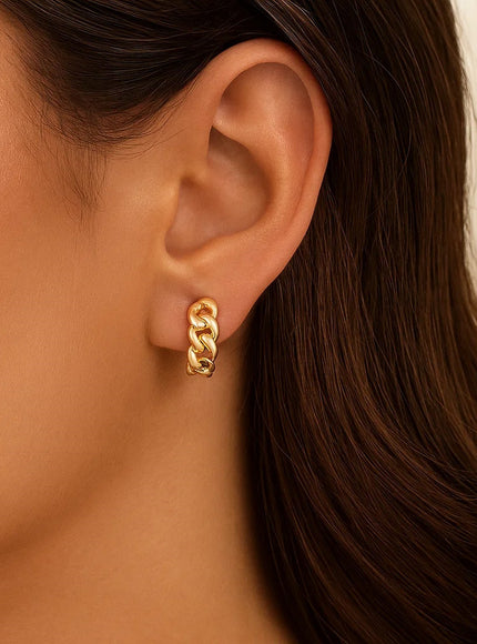 14K Yellow Gold Thick Curb Chain Huggie Hoop Earrings