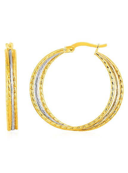 Three Part Textured Hoop Earrings in 14k Yellow and White Gold