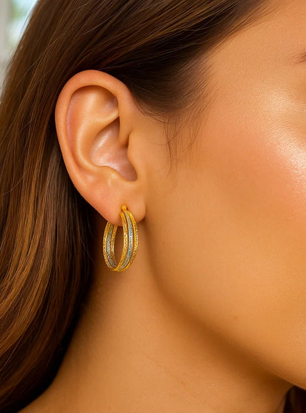 Three Part Textured Hoop Earrings in 14k Yellow and White Gold