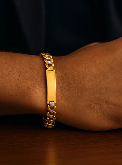 14k Two Tone Gold 8 1/2 inch Mens Wide Curb Chain ID Bracelet with White Pave