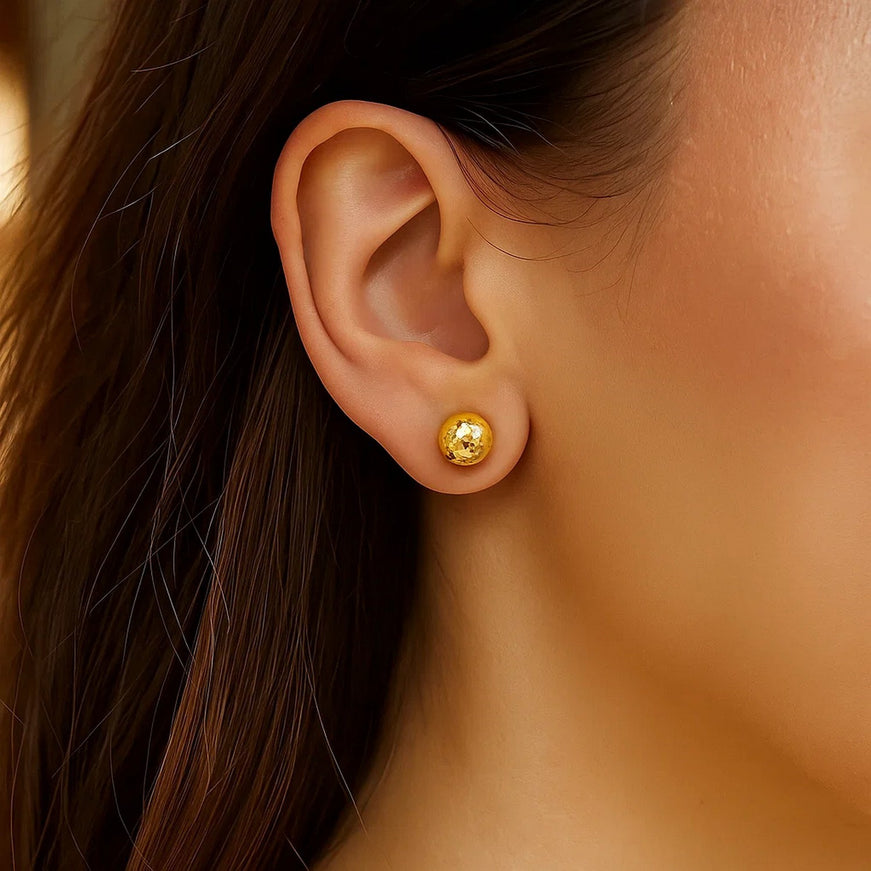 14k Yellow Gold Ball Earrings with Crystal Cut Texture