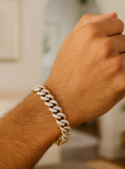 14k Two Tone Gold 8 1/4 inch Curb Chain Bracelet with White Pave