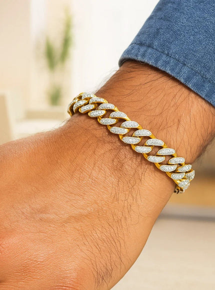 14k Two Tone Gold 8 1/4 inch Curb Chain Bracelet with White Pave