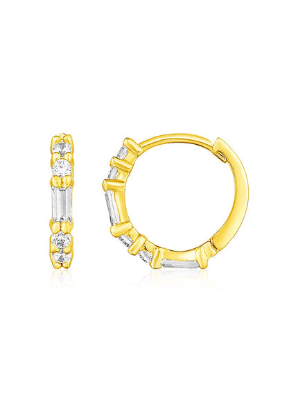 14k Yellow Gold Petite Hoop Earrings with Baguette Cubic Zirconias