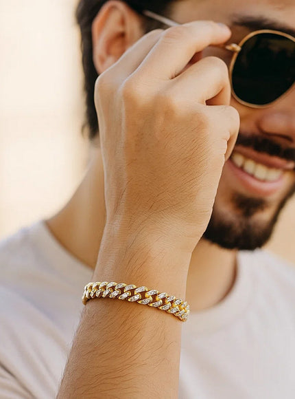 14k Yellow Gold White Pave High Polish Modern Lite Miami Cuban Bracelet (6.5mm)