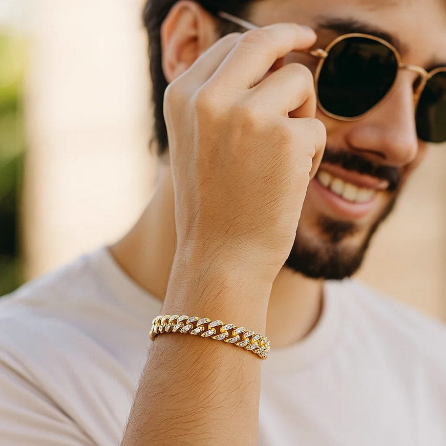 14k Yellow Gold White Pave High Polish Modern Lite Miami Cuban Bracelet (6.5mm)