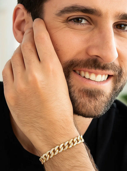 14k Yellow Gold White Pave High Polish Modern Lite Miami Cuban Bracelet (6.5mm)