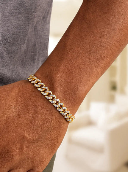 14k Yellow Gold White Pave High Polish Modern Lite Miami Cuban Bracelet (6.5mm)