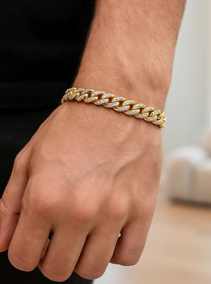 14k Yellow Gold White Pave High Polish Modern Lite Miami Cuban Bracelet (6.5mm)